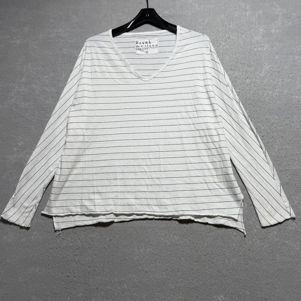 Frank & Eileen Tee Shirt Women Medium Gray Green Striped V Neck Tee Preppy Top